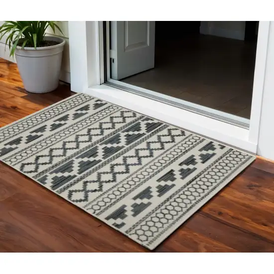Blue and Beige Geometric Stain Resistant Indoor Outdoor Area Rug Photo 1