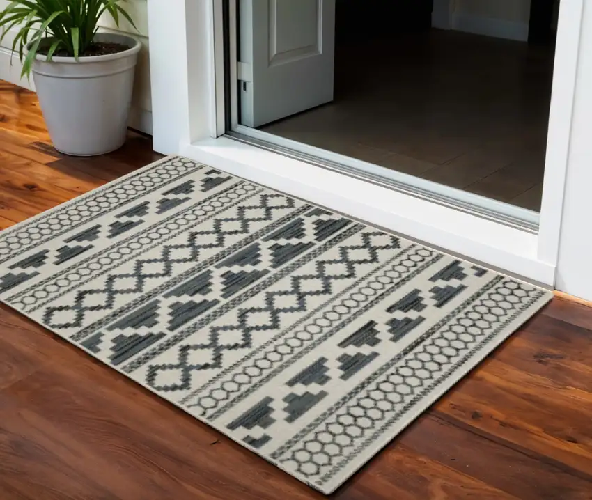 Blue and Beige Geometric Stain Resistant Indoor Outdoor Area Rug Photo 1