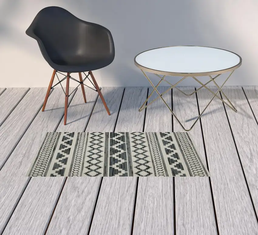 2' X 3' Beige Geometric Stain Resistant Indoor Outdoor Area Rug Photo 2