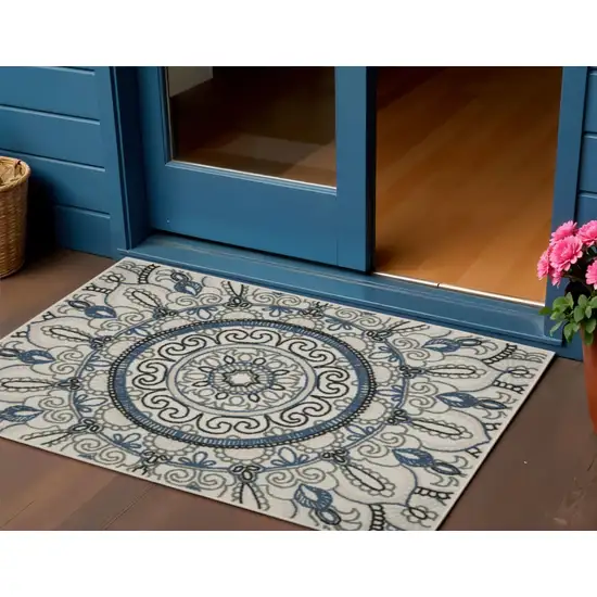 Blue and Beige Geometric Stain Resistant Indoor Outdoor Area Rug Photo 1