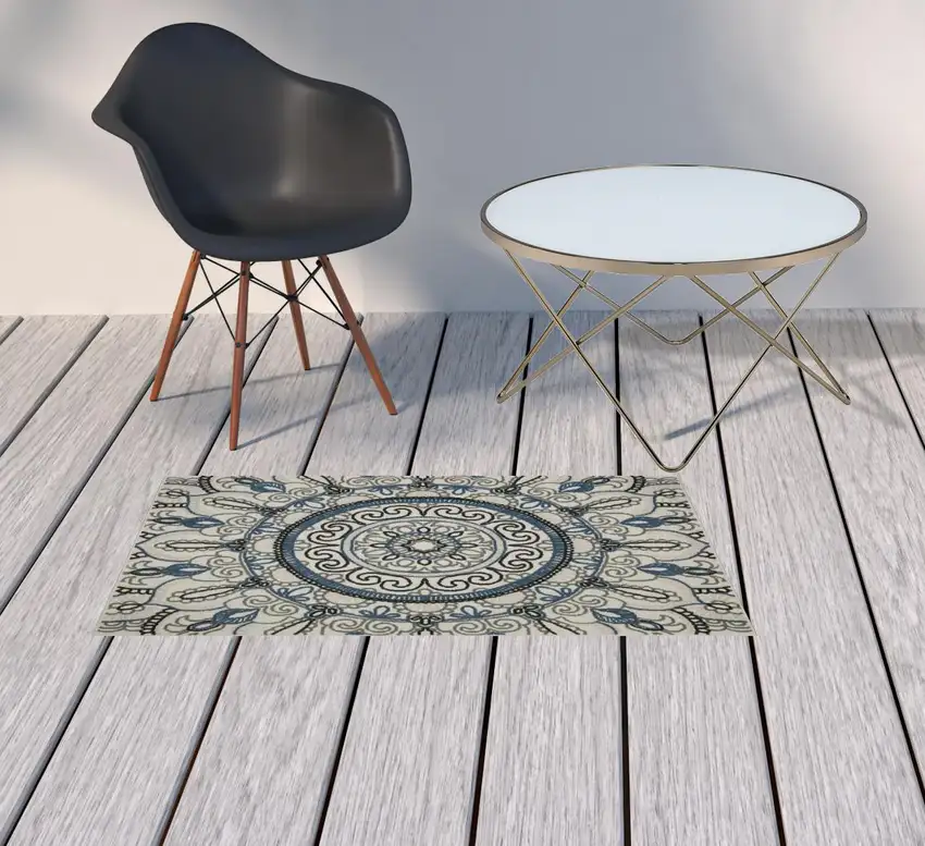 2' X 3' Beige Geometric Stain Resistant Indoor Outdoor Area Rug Photo 2