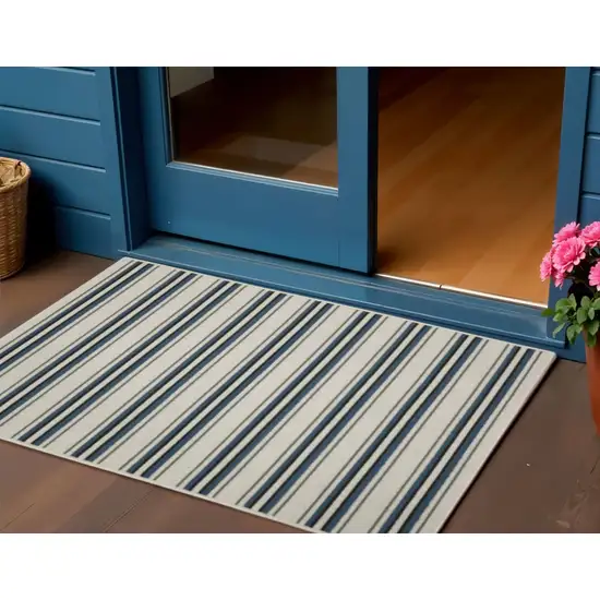 Blue and Beige Geometric Stain Resistant Indoor Outdoor Area Rug Photo 1