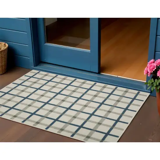 Blue and Beige Geometric Stain Resistant Indoor Outdoor Area Rug Photo 1