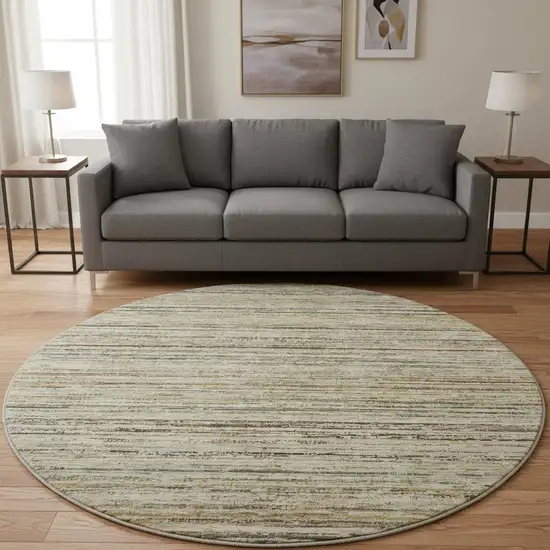 8' X 8' Beige Gold And Brown Striped Washable Round Rug With UV Protection Photo 2