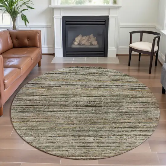 8' X 8' Beige Gold And Brown Striped Washable Round Rug With UV Protection Photo 4