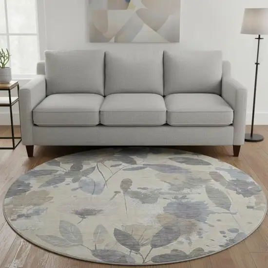 8' X 8' Beige Gray And Ivory Floral Washable Round Rug With UV Protection Photo 2
