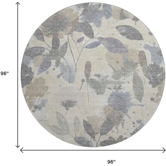 8' X 8' Beige Gray And Ivory Floral Washable Round Rug With UV Protection Photo 9