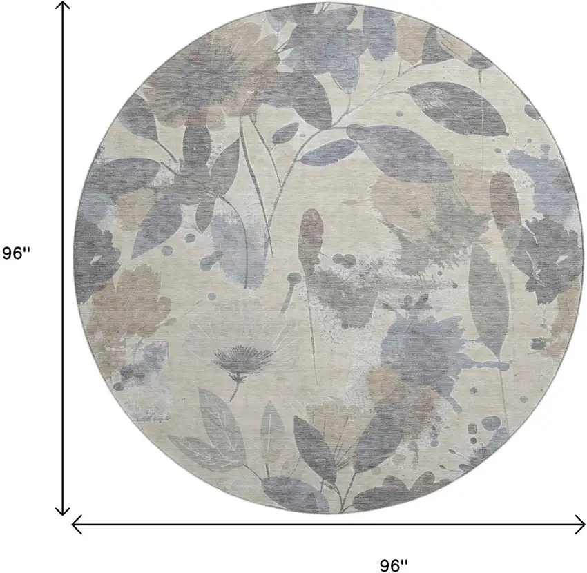 8' X 8' Beige Gray And Ivory Floral Washable Round Rug With UV Protection Photo 9