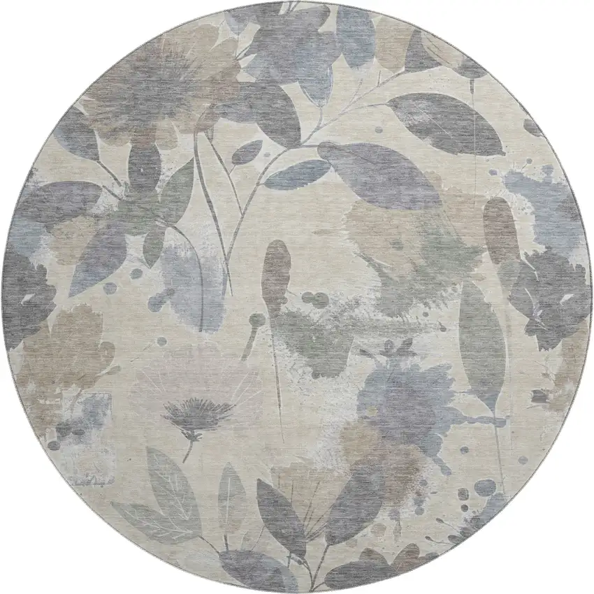 8' X 8' Beige Gray And Ivory Floral Washable Round Rug With UV Protection Photo 1