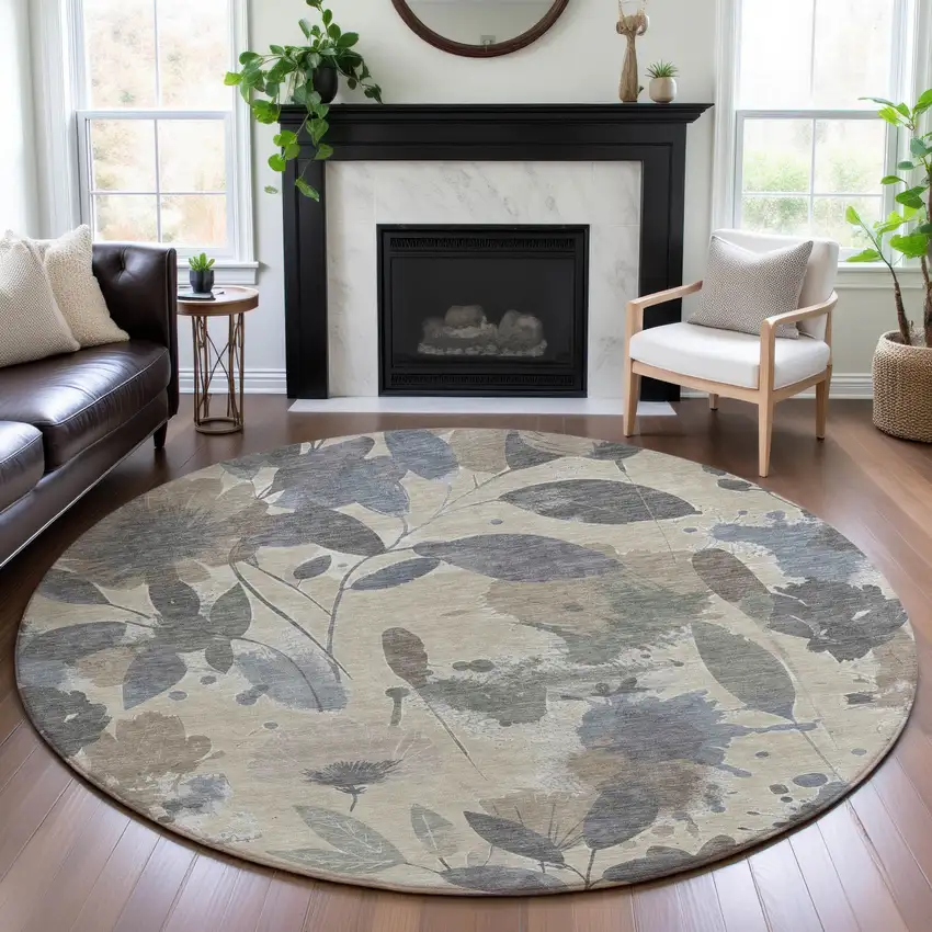 8' X 8' Beige Gray And Ivory Floral Washable Round Rug With UV Protection Photo 4