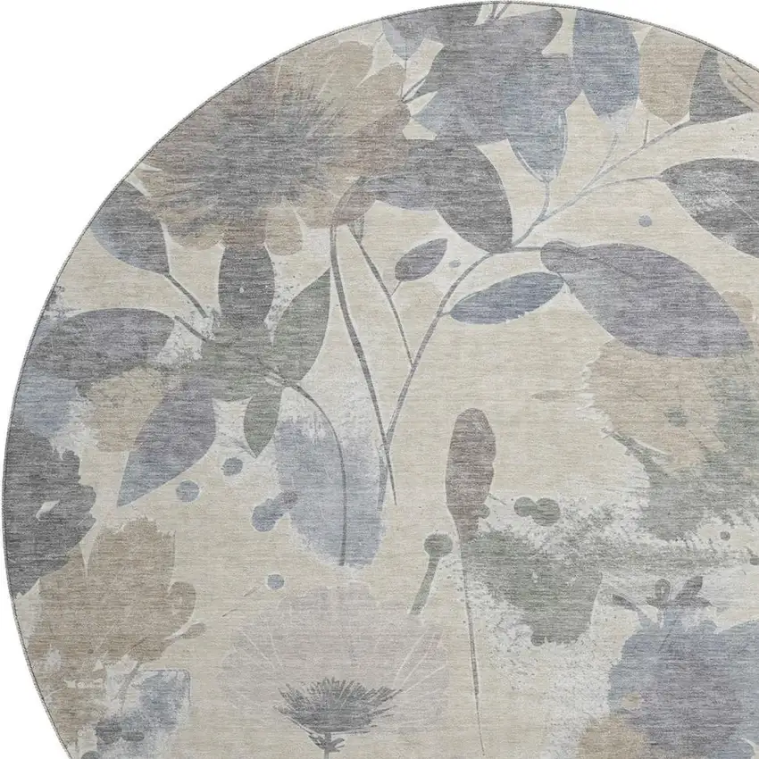 8' X 8' Beige Gray And Ivory Floral Washable Round Rug With UV Protection Photo 2