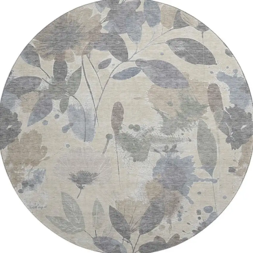 8' X 8' Beige Gray And Ivory Floral Washable Round Rug With UV Protection Photo 3