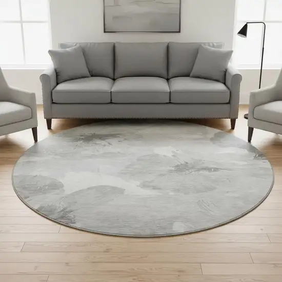 8' X 8' Beige Gray And Ivory Floral Washable Round Rug With UV Protection Photo 2