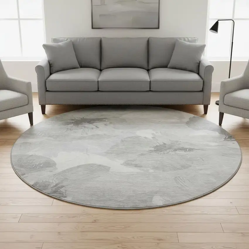 8' X 8' Beige Gray And Ivory Floral Washable Round Rug With UV Protection Photo 2