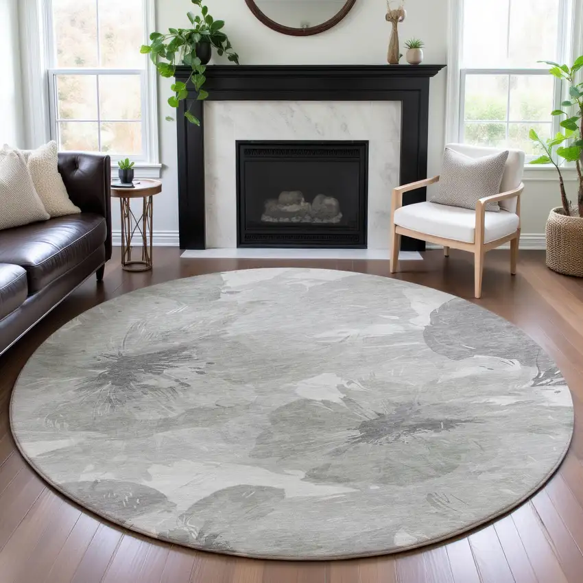 8' X 8' Beige Gray And Ivory Floral Washable Round Rug With UV Protection Photo 4