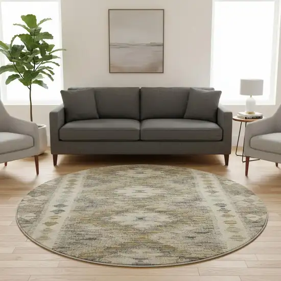 8' X 8' Beige Gray And Ivory Geometric Washable Round Rug With UV Protection Photo 2