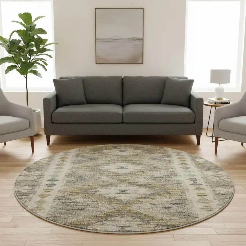 8' X 8' Beige Gray And Ivory Geometric Washable Round Rug With UV Protection Photo 2
