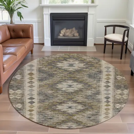 8' X 8' Beige Gray And Ivory Geometric Washable Round Rug With UV Protection Photo 4