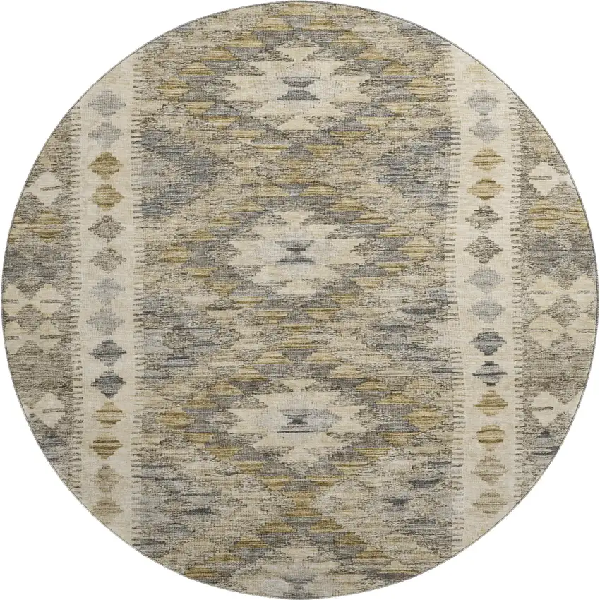 8' X 8' Beige Gray And Ivory Geometric Washable Round Rug With UV Protection Photo 1
