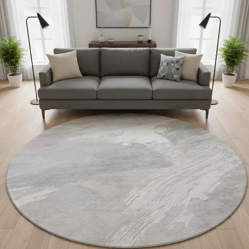 8' X 8' Beige Gray And Silver Abstract Washable Round Rug With UV Protection Photo 2