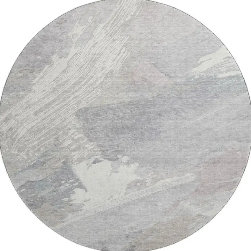 8' X 8' Beige Gray And Silver Abstract Washable Round Rug With UV Protection Photo 2