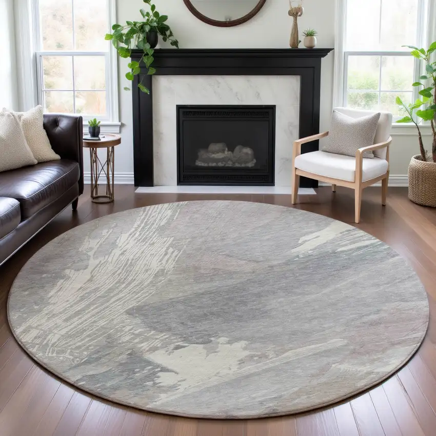 8' X 8' Beige Gray And Silver Abstract Washable Round Rug With UV Protection Photo 4