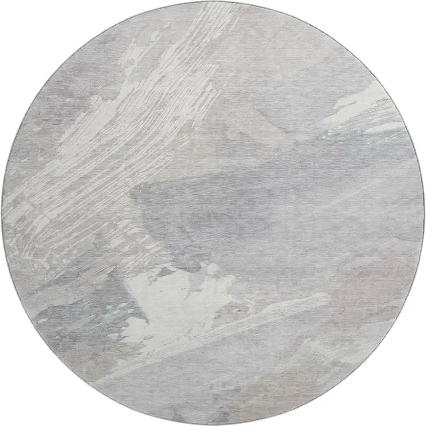 8' X 8' Beige Gray And Silver Abstract Washable Round Rug With UV Protection Photo 1