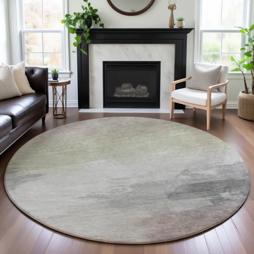 8' X 8' Beige Gray And Silver Abstract Washable Round Rug With UV Protection Photo 4