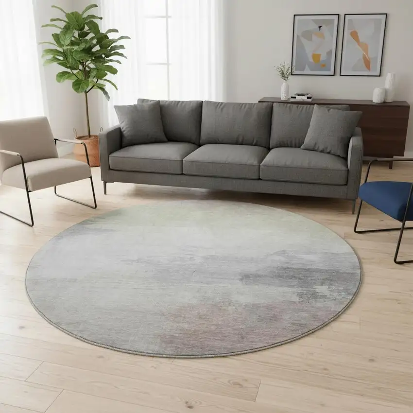 8' X 8' Beige Gray And Silver Abstract Washable Round Rug With UV Protection Photo 2