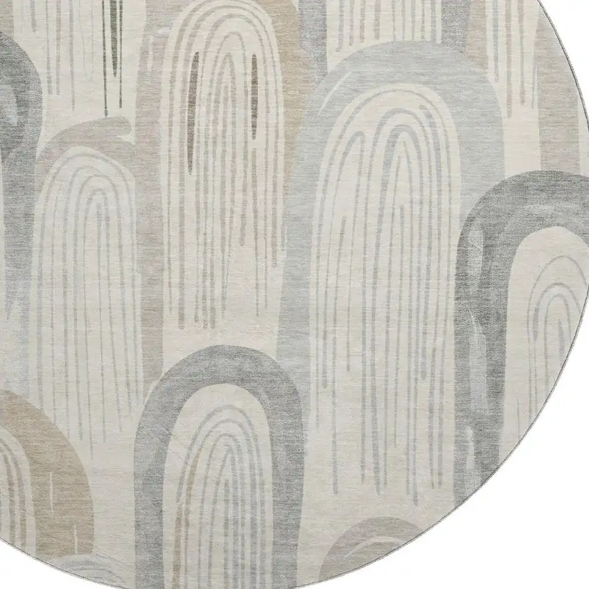 8' X 8' Beige Gray And Silver Geometric Washable Round Rug With UV Protection Photo 2