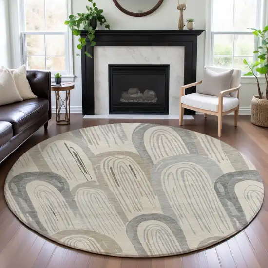 8' X 8' Beige Gray And Silver Geometric Washable Round Rug With UV Protection Photo 4