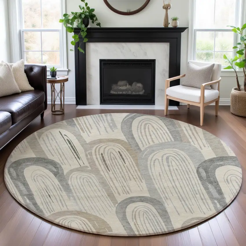 8' X 8' Beige Gray And Silver Geometric Washable Round Rug With UV Protection Photo 4