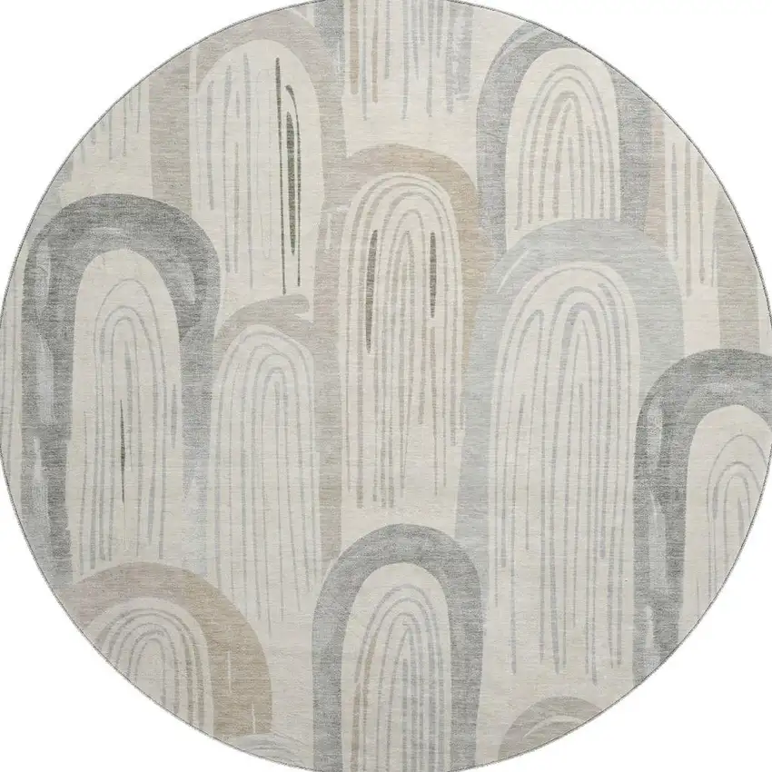 8' X 8' Beige Gray And Silver Geometric Washable Round Rug With UV Protection Photo 3
