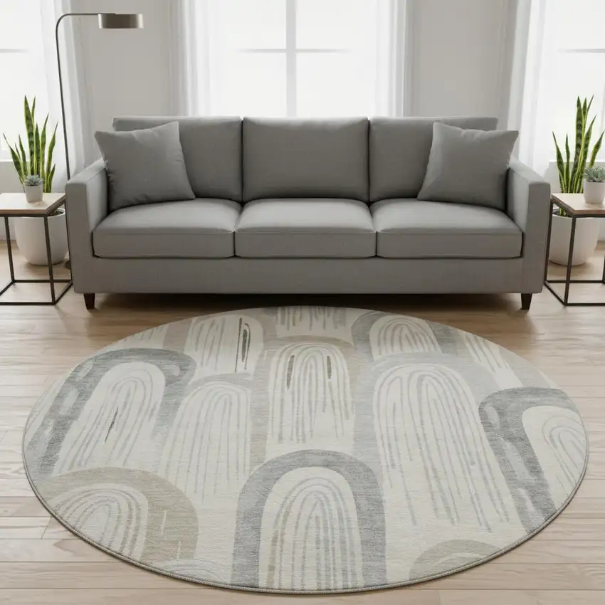 8' X 8' Beige Gray And Silver Geometric Washable Round Rug With UV Protection Photo 2