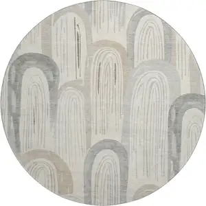 Photo of 8' X 8' Beige Gray And Silver Geometric Washable Round Rug With UV Protection
