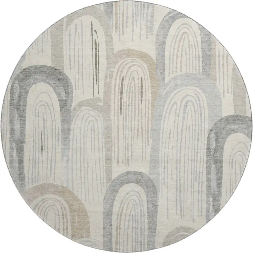 8' X 8' Beige Gray And Silver Geometric Washable Round Rug With UV Protection Photo 1