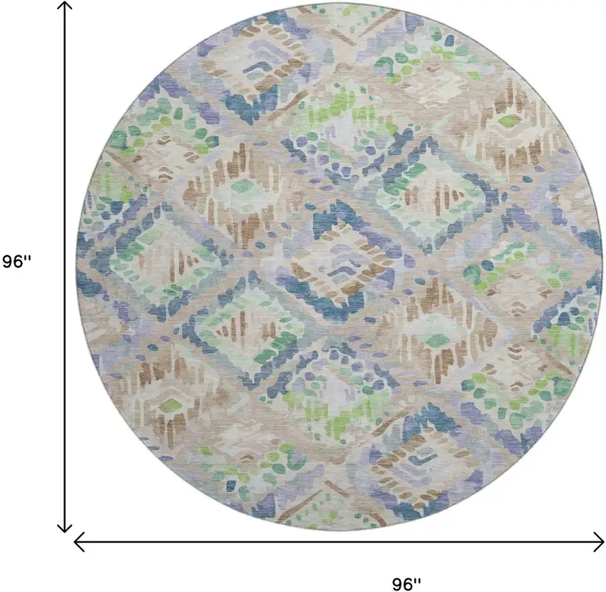 8' X 8' Beige Green And Blue Geometric Washable Round Rug With UV Protection Photo 9
