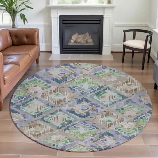 8' X 8' Beige Green And Blue Geometric Washable Round Rug With UV Protection Photo 4