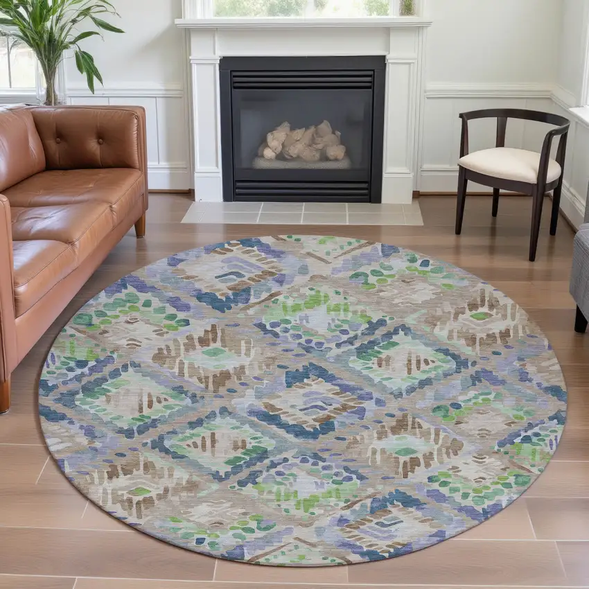 8' X 8' Beige Green And Blue Geometric Washable Round Rug With UV Protection Photo 4