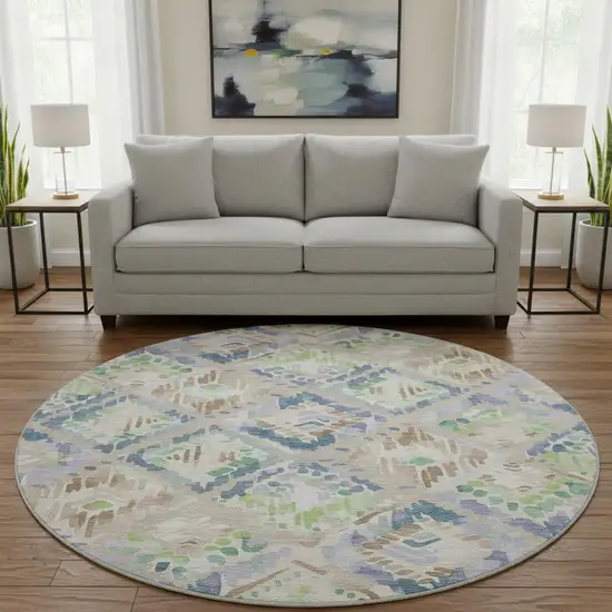 8' X 8' Beige Green And Blue Geometric Washable Round Rug With UV Protection Photo 2