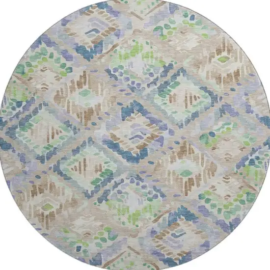 8' X 8' Beige Green And Blue Geometric Washable Round Rug With UV Protection Photo 3