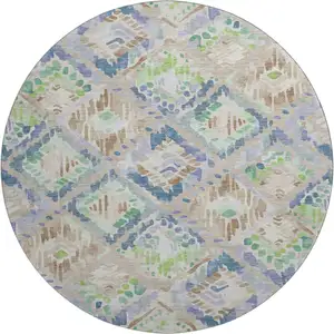 Photo of 8' X 8' Beige Green And Blue Geometric Washable Round Rug With UV Protection