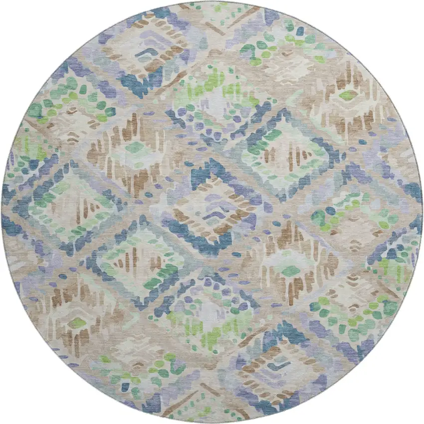 8' X 8' Beige Green And Blue Geometric Washable Round Rug With UV Protection Photo 1