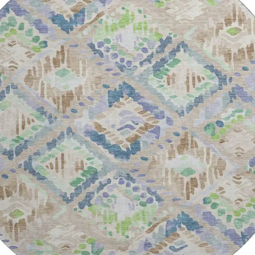 8' X 8' Beige Green And Blue Geometric Washable Round Rug With UV Protection Photo 2