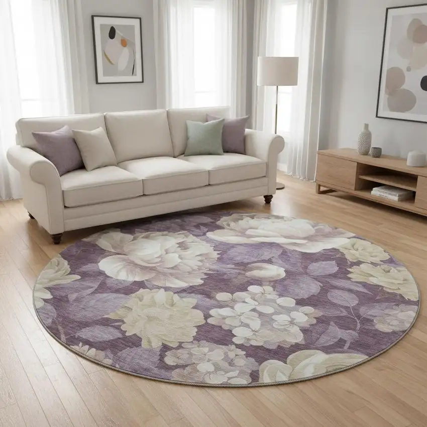 8' X 8' Beige Ivory And Tan Floral Washable Round Rug With UV Protection Photo 2