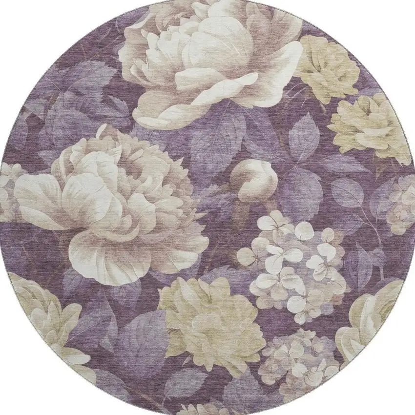 8' X 8' Beige Ivory And Tan Floral Washable Round Rug With UV Protection Photo 2