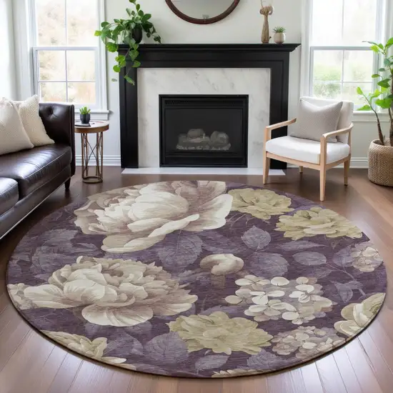 8' X 8' Beige Ivory And Tan Floral Washable Round Rug With UV Protection Photo 4