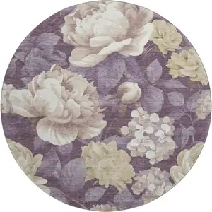 Photo of 8' X 8' Beige Ivory And Tan Floral Washable Round Rug With UV Protection