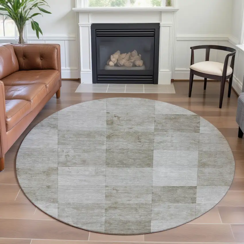 8' X 8' Beige Ivory And Taupe Geometric Washable Round Rug With UV Protection Photo 3