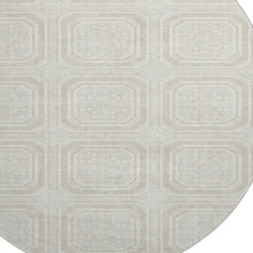 8' X 8' Beige Ivory And Taupe Geometric Washable Round Rug With UV Protection Photo 2